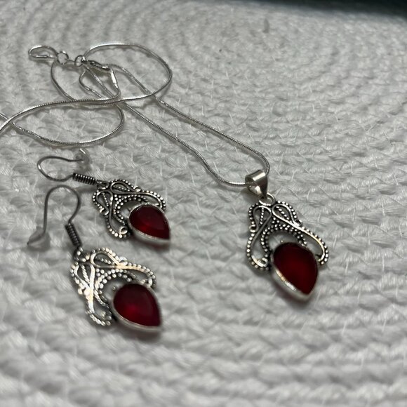 Beautiful SIMULATED RUBY Handmade Sterling 925 Necklace & Matching #440D - Picture 3 of 3